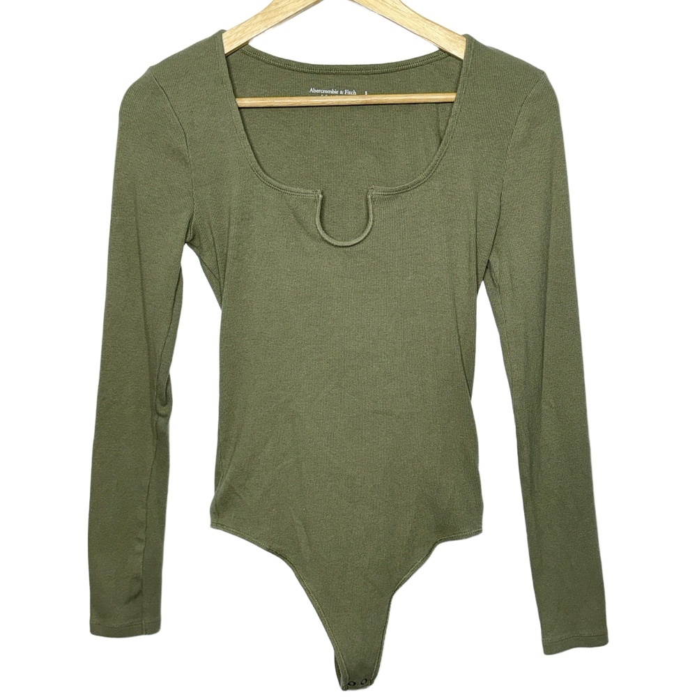 Abercrombie & Fitch Soft AF Rib Olive Green Knit Long Sleeve Bodysuit Top Size S